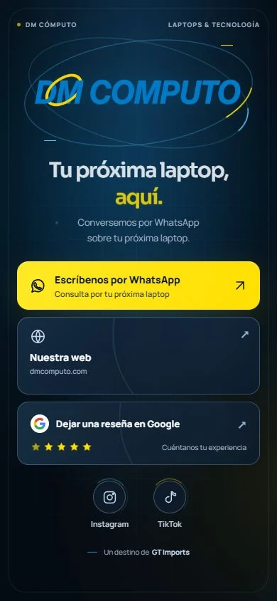 Captura real de DM Cómputo, con su logo flotante y accesos de contacto