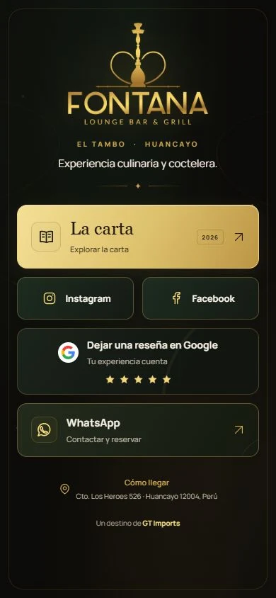 Captura real de la página de Fontana, con su identidad dorada y su carta interactiva