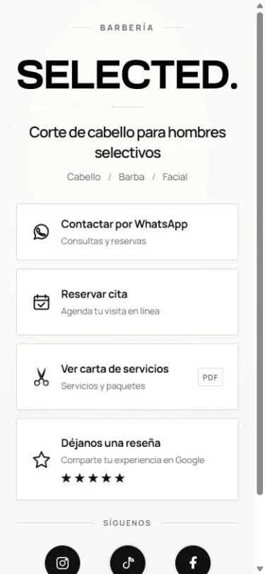Captura real de Selected, con diseño blanco y negro y sus accesos de reservas